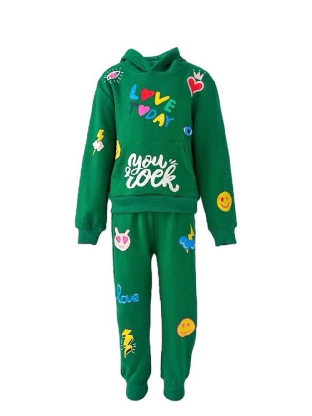 Lola + The Boys Green Kids Matching Hoodie & Joggers Set with Colorful Patches